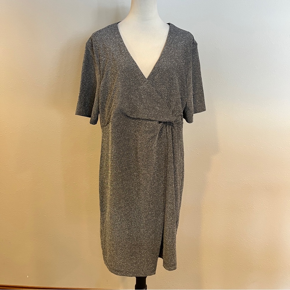 Serra short sleeves Silver V-Neck Faux Wrap mini Dress size extra large